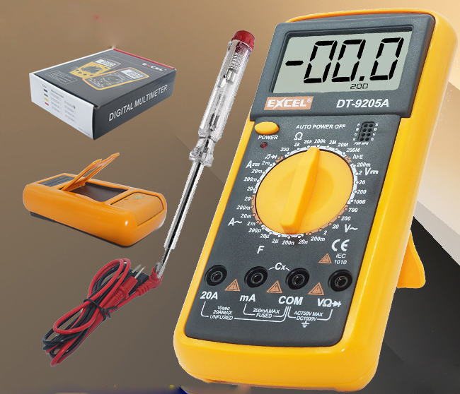 Bộ 1 Đồng hồ đo vạn năng Excel DT-9205A và 1 bút thử điện (Đen phối vàng Mẫu 2019)