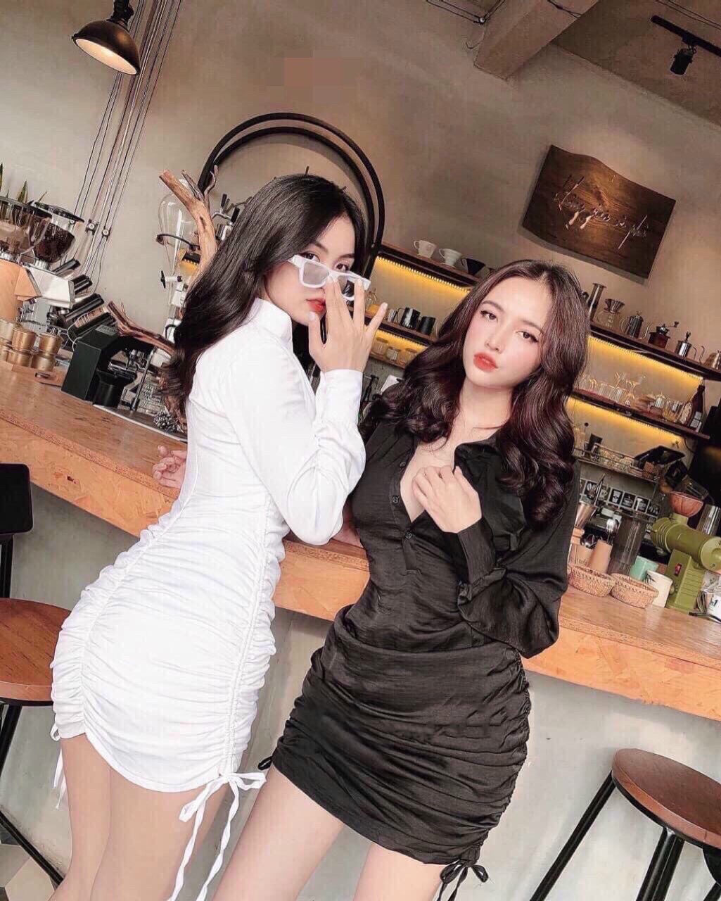 Đầm nhún tay dài cổ sơ mi cài nút