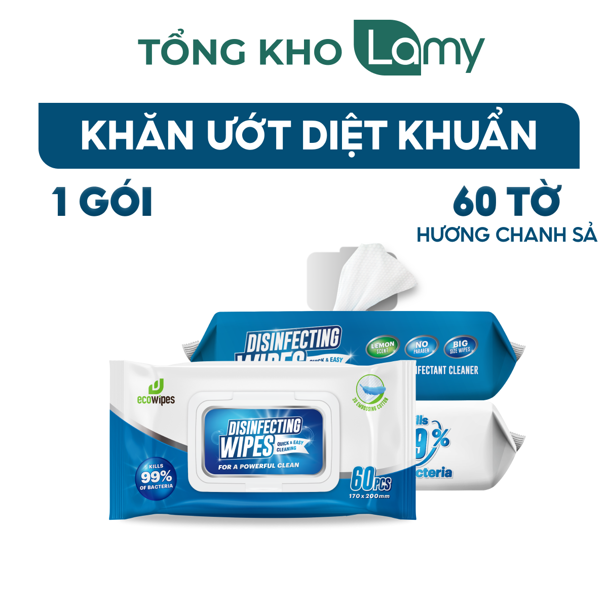 Khăn ướt diệt khuẩn EcoWipes diệt 99,9% vi khuẩn xâm nhập trên da hương chanh không gây kích ứng nhỏ gọn