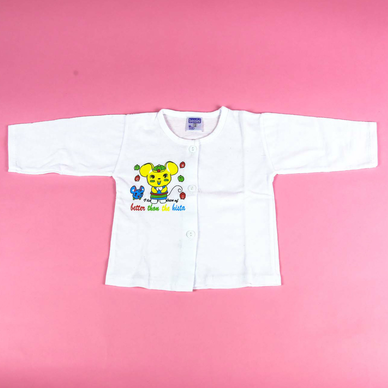 Áo sơ sinh Bossini dài tay, màu trắng, cúc giữa cho bé từ 3 đến 17kg