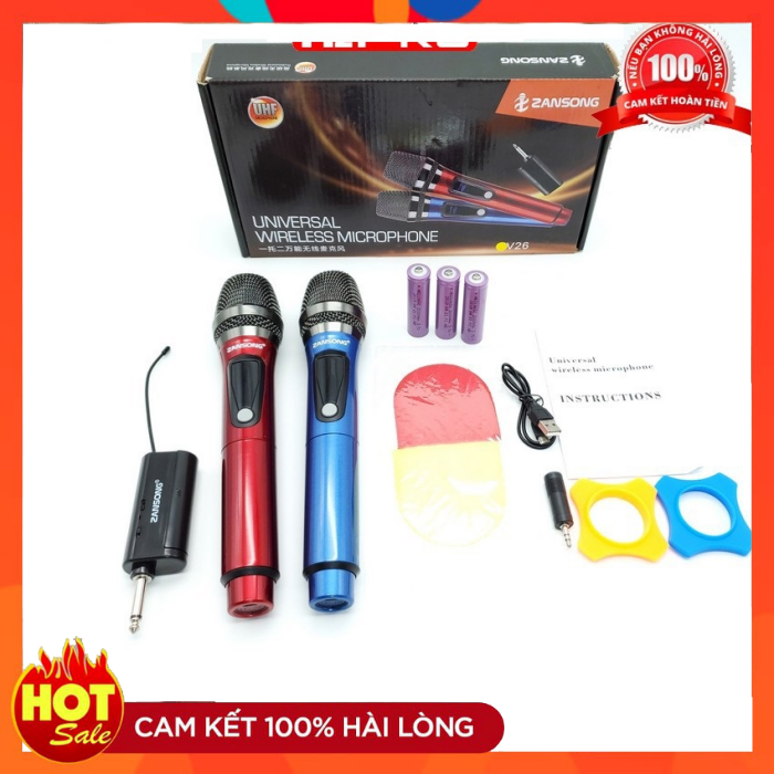 Bộ 2 micro không dây đa năng, micro loa kéo cao cấp zansong v26 - bảo hành 12 tháng