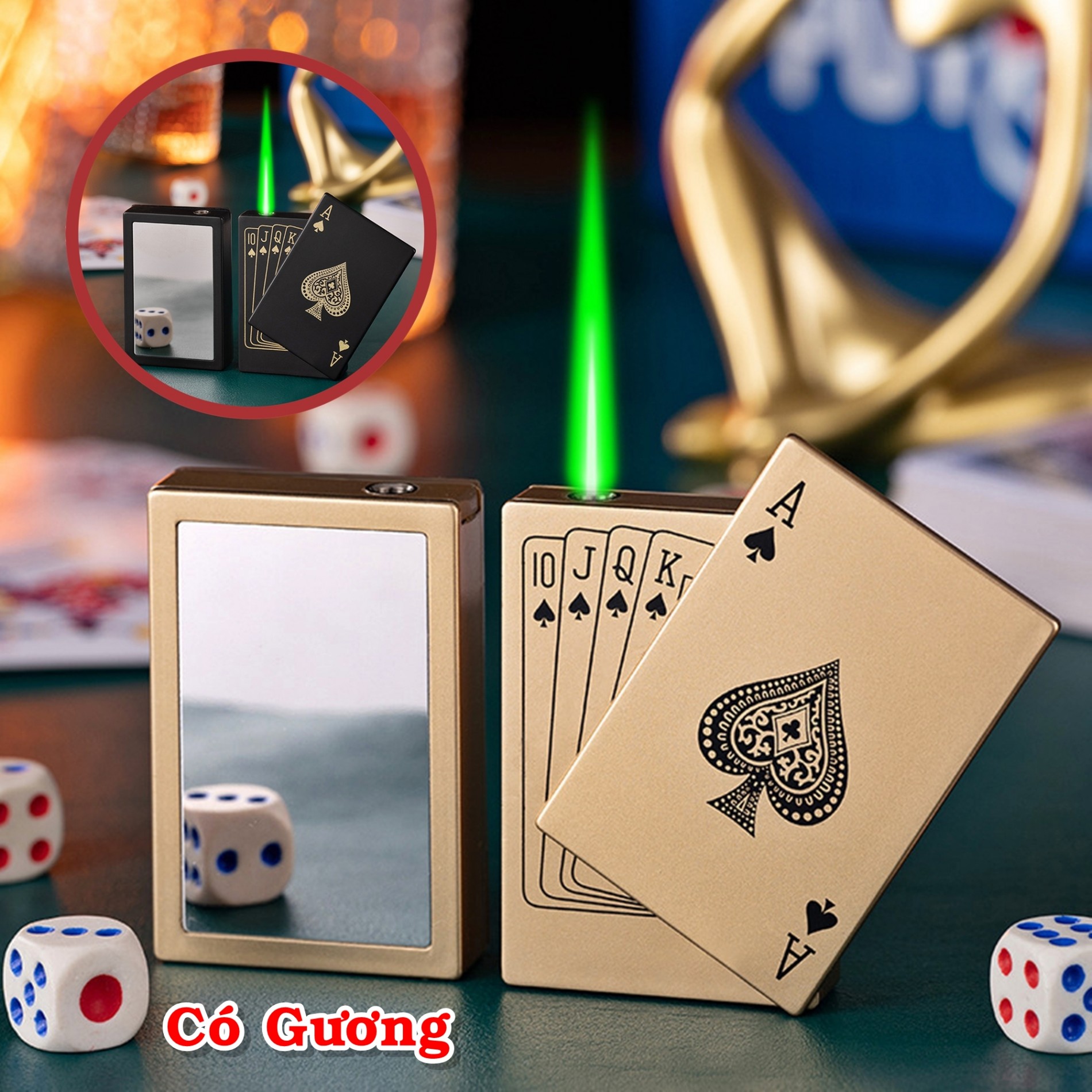 Hột quẹt bật lửa khè hình lá bài - có gương soi - - kim loại nguyên khối -bật lửa hột quẹt sinh tồn hàng cao cấp- đẳng cấp phái mạnh