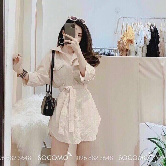 Set quần áo nữ ba món áo sơ mi ngoài quần short thắt dây eo cá tính