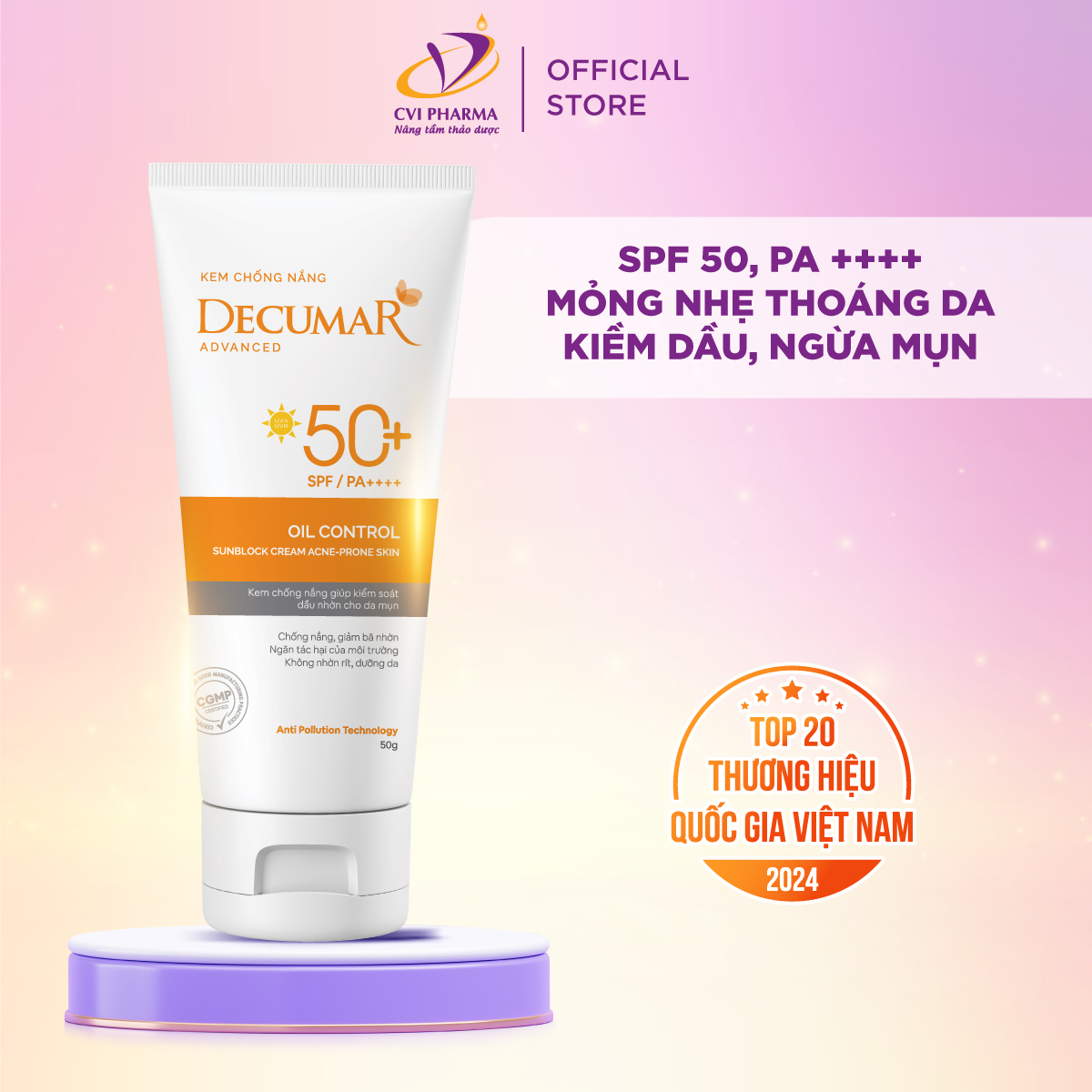 Kem chống nắng kiềm dầu nâng tone da mụn Decumar Advanced SunBlock 50gr