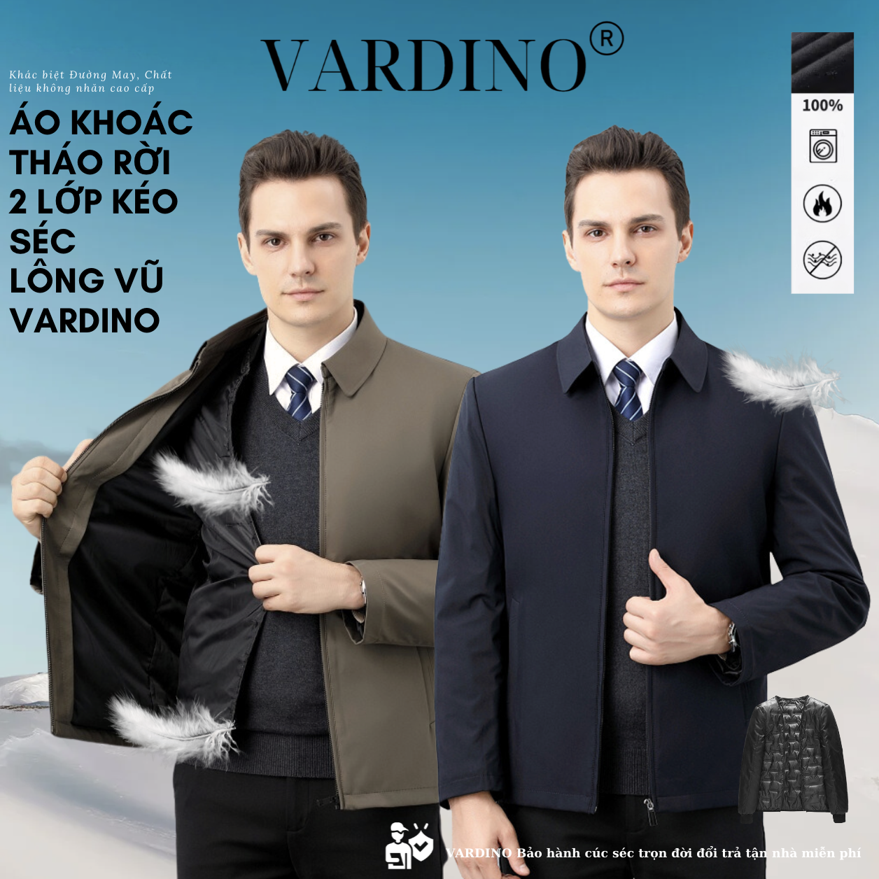 Áo khoác nam trung niên lót lông vũ tháo rời VARDINO hàng hiệu có 2 túi trong dáng suông và séc chống kẹt AK58 AK62