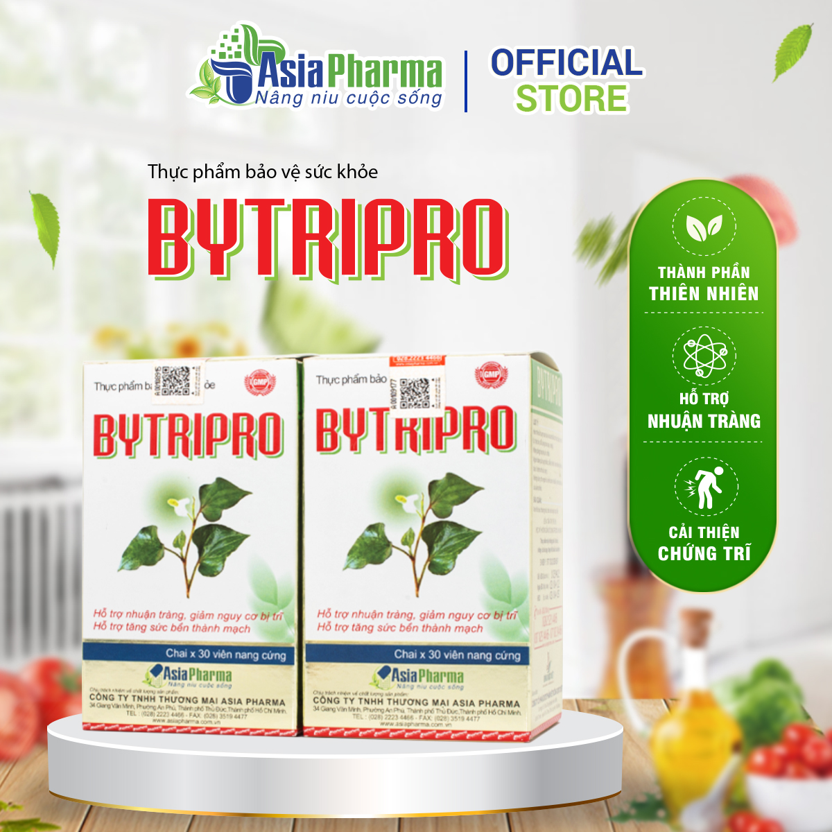 [2 HỘP] Viên uống tiêu trĩ Bytripro Asia Pharma hỗ trợ nhuận tràng, giảm táo bón - Hộp 30 viên