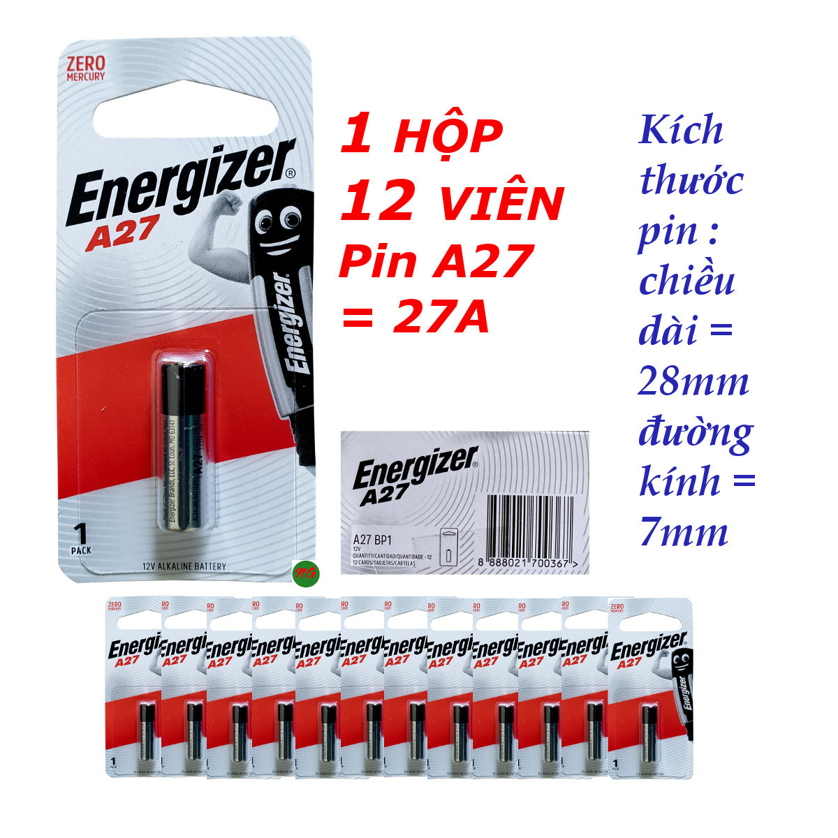 Bộ 12 viên pin a27 27a energizer 12 volt alkaline dùng cho remote cửa cuốn, remote điều khiển xe hơi, đồ chơi trẻ em