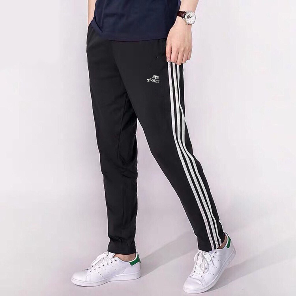 Quần dài nam nữ có 3 sọc trắng và 3 sọc xám, ống suông chất vải thun co giãn mềm mại