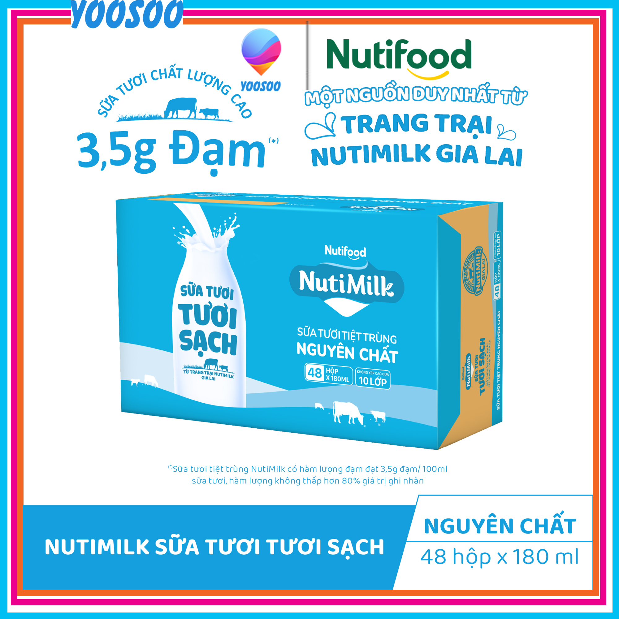 Thùng 48 Hộp NutiMilk 100% Sữa Tươi Tươi Sạch Không đường 180ml - Thương Hiệu NUTIFOOD - YOOSOO