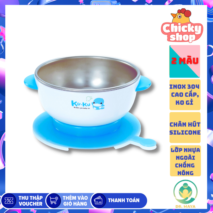 Chén ăn dặm inox có đế dính cho bé kuku ku5464
