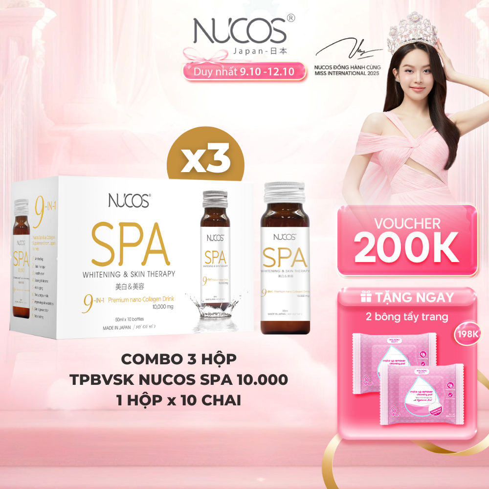 Combo 3 hộp TPBVSK Nước Uống Collagen Nucos Spa 10000 Giúp Da Căng Mịn, Chống Lão Hóa, Trắng Da 10 chai x50ml