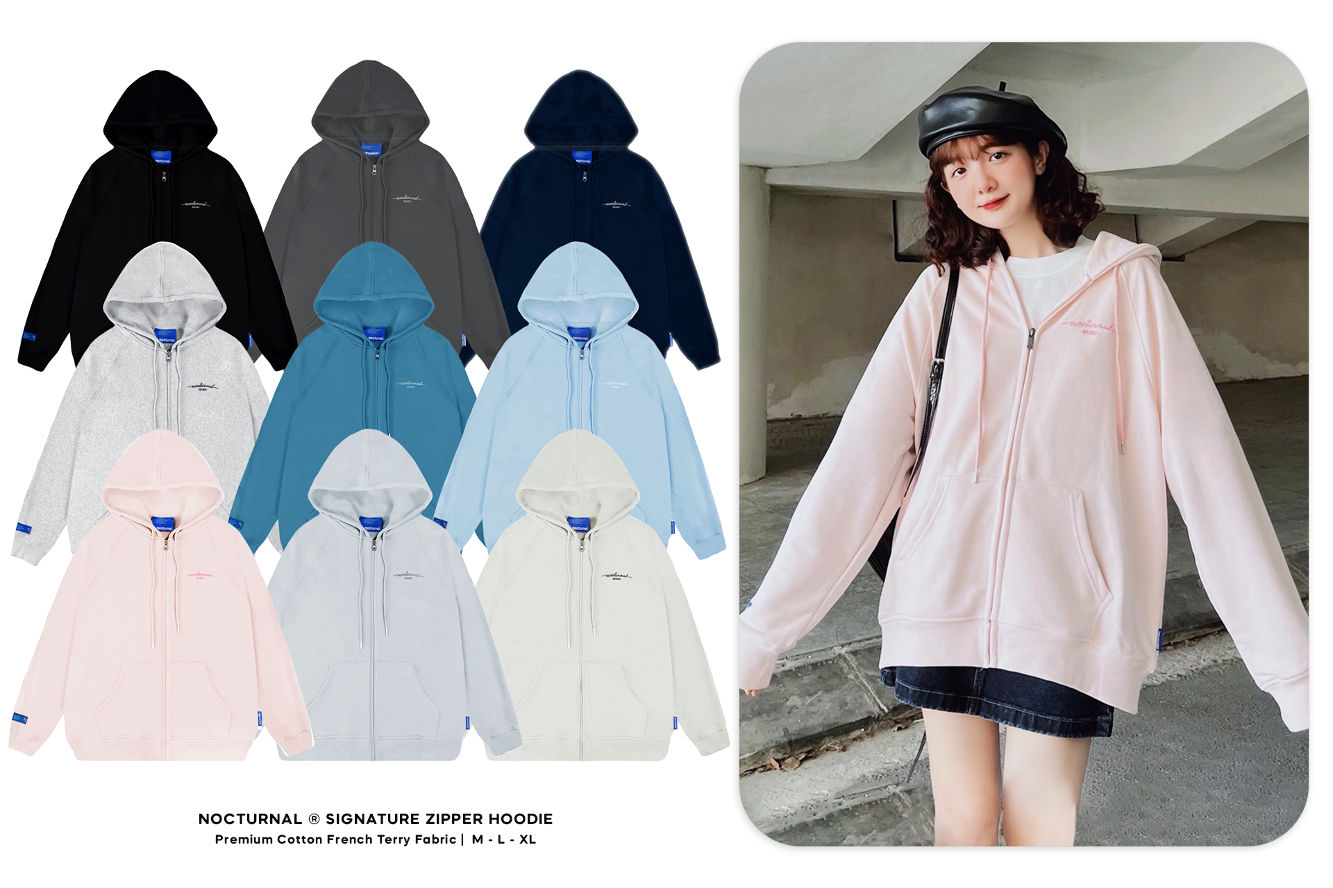 [Nhập LAZFlex1- giảm 30k đơn 149k|Áo Hoodie Zip NOCTURNAL Signature Basic Nỉ Chân Cua Cotton 100% Un