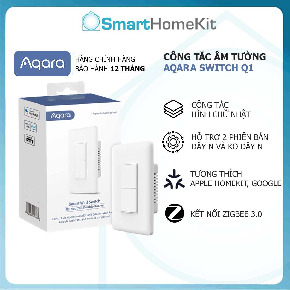 Công tắc chữ nhật Aqara Q1 Smart Wall Switch US - chống cháy, chống quá tải - Tương thích Apple HomeKit, Google Assistant thông qua Aqara Hub