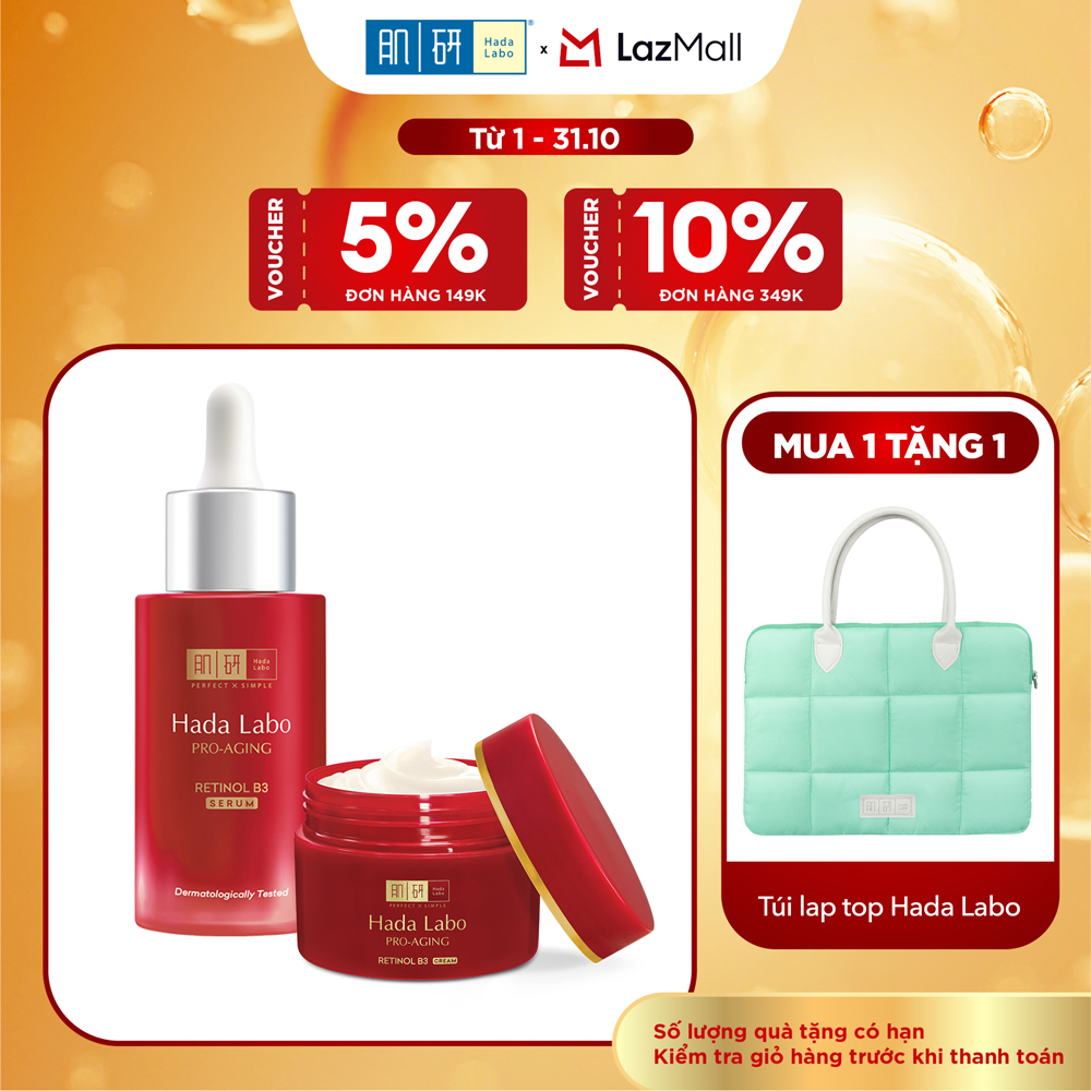 [VB] Bộ đôi dưỡng da cải thiện lão hóa toàn diện Hada Labo Pro-Aging Retinol B3 (Serum 30mL + Kem dưỡng 50g)