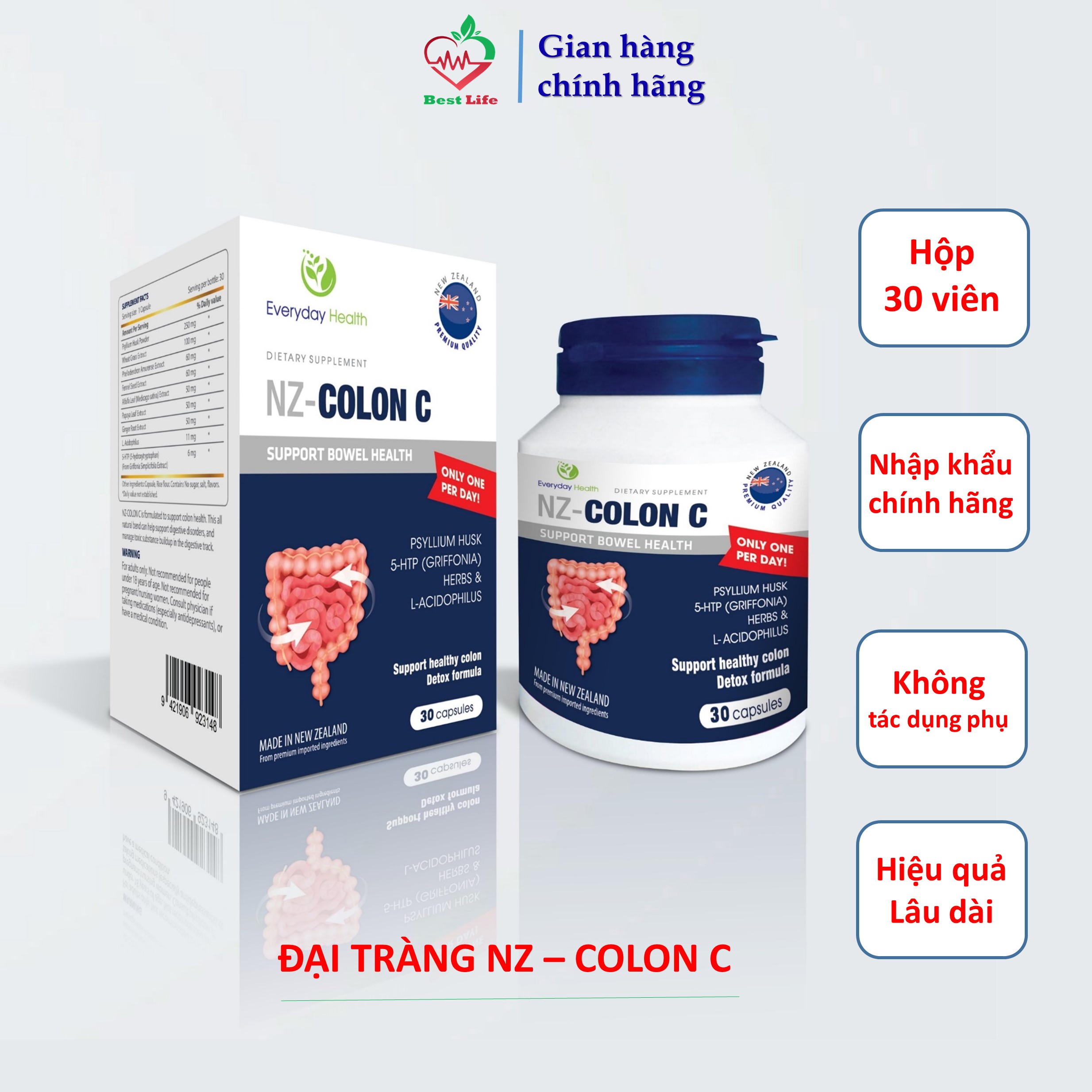 Đại tràng NZ-COLON C Hỗ trợ giảm các triệu chứng rối loạn tiêu hoá táo bón khó tiêu đi ngoài nhiều lần do viêm đại tràng cấp và mãn tính hộp 30 viên