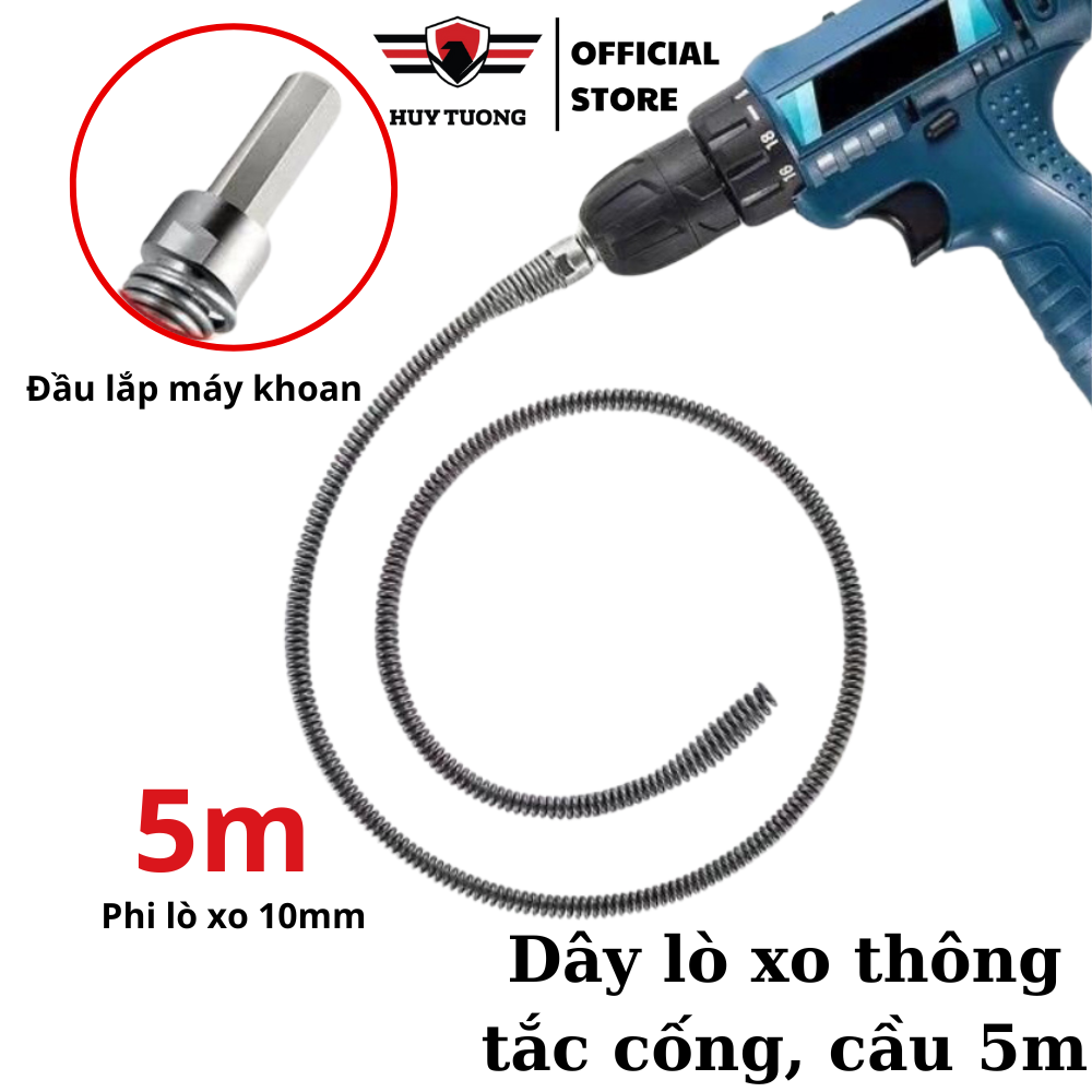 Dây Thông Cống Máy Khoan Lò Xo Có Đầu Nối Lắp Cùng Máy Khoan, Tay Quay Thủ Công, Chiều Dài 5m - Huy Tưởng Trading