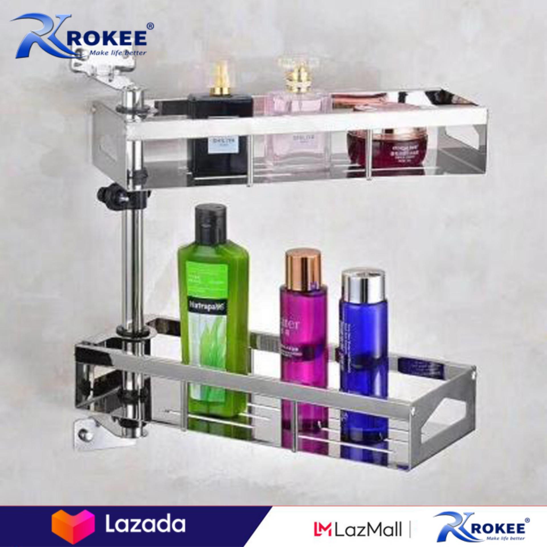 Kệ để đồ nhà bếp inox 304 xoay 180 độ (2 tầng), kệ để gia vị, kệ để đồ nhà tắm Rokee - SU10 (Trắng Bạc)