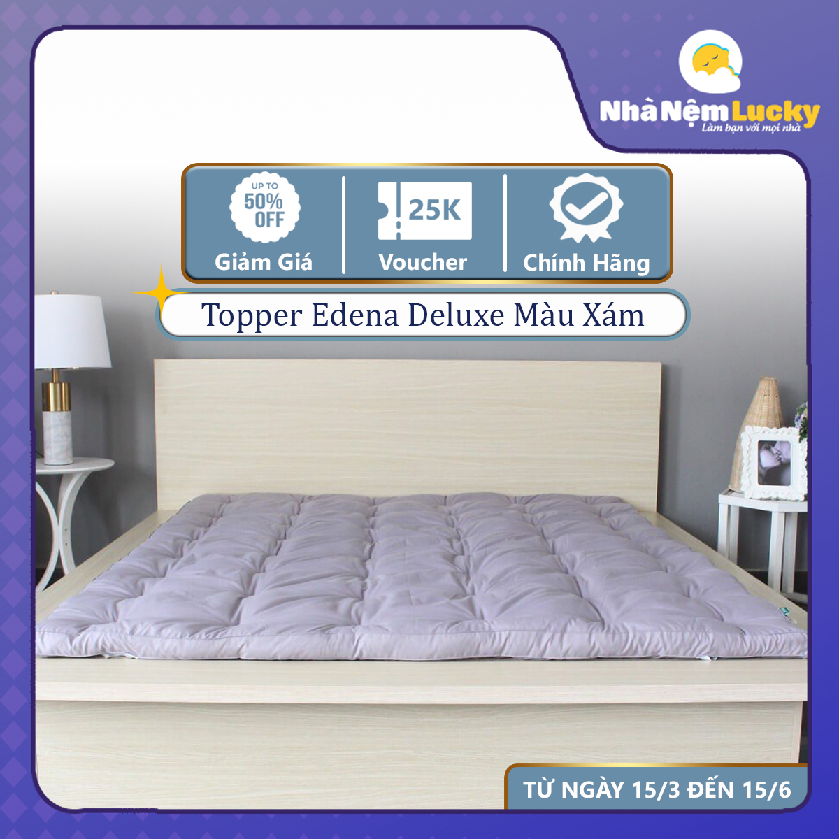 Nệm topper edena deluxe màu xám - topper microfiber - tấm lót làm mềm, bảo vệ nệm - dày 5cm - 6 kích thước