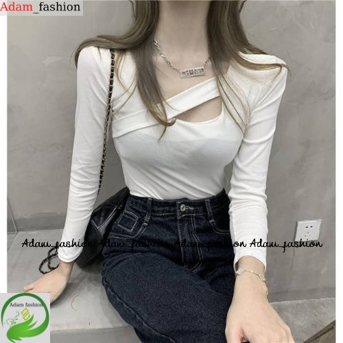 Áo thun dài tay nữ , áo thun dây chéo cổ chất thun gân Adam_fashion