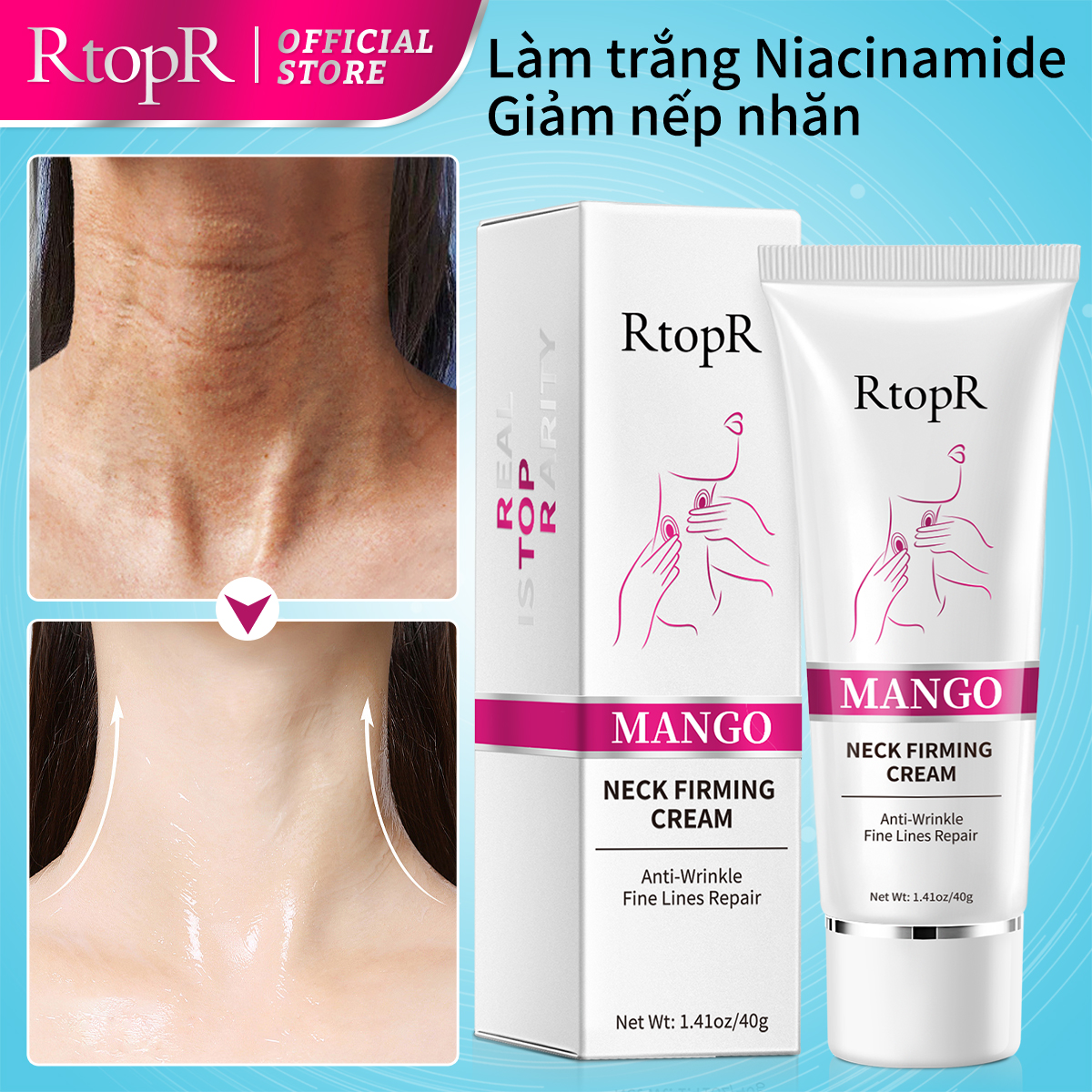  RtopR Kem trẻ hóa làm săn chắc vùng cổ giúp da chống nhăn làm trắng dưỡng ẩm cổ dung tích 40g 