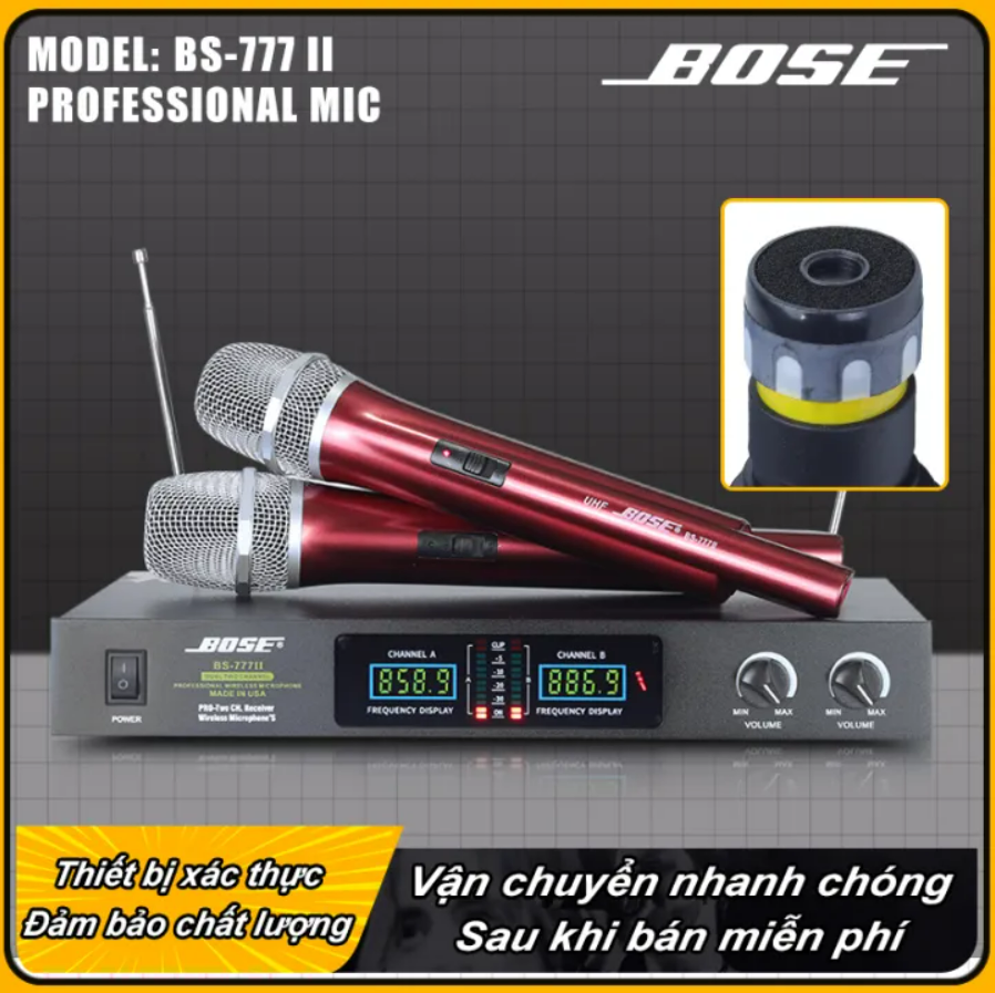 Micro Không Dây Bose BS777II Micro Karaoke Không Dây Sử Dụng Sóng UHF Cao Tần Bắt Sóng Tốt Độ Nhạy Cao Micro Hút Âm Tốt Giúp Hát Nhẹ Âm Thanh Trung Thực Chống Hú Rít Micro Karaoke Gia Đình