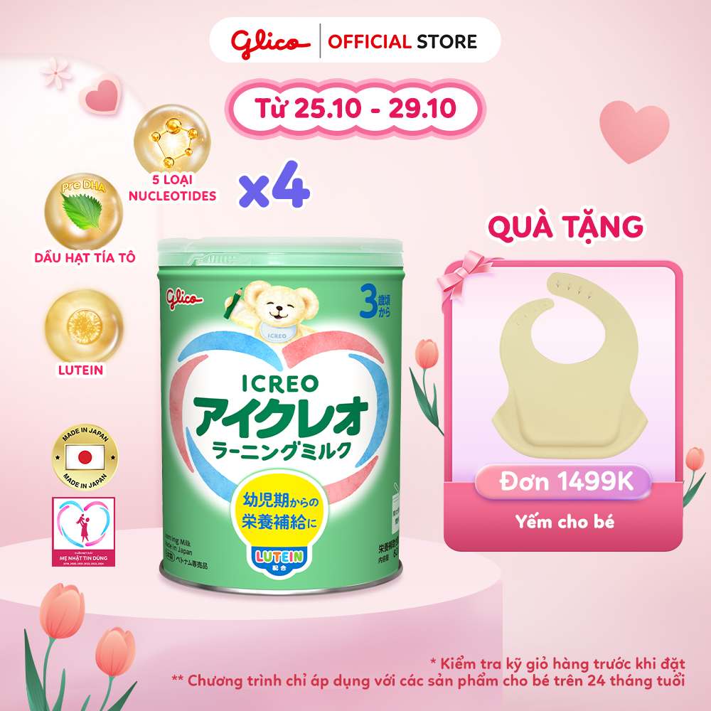 (ICREO SỐ 3) Combo 4 Lon Thực Phẩm Bổ Sung Sữa Dinh Dưỡng GLICO ICREO LEARNING MILK  cho bé từ 3 tuổi trở lên (Số 3 - 4Lon x 820g/Lon)