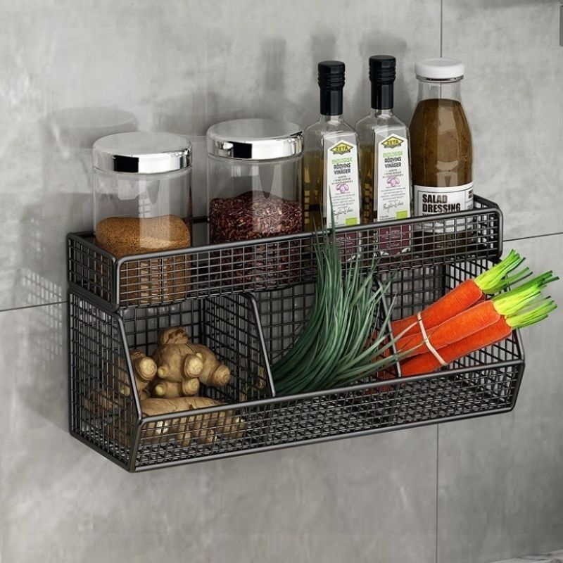 Giỏ Đựng Hành Tỏi Dán Tường, Kệ Đựng Gia Vị 3 Ngăn 2 Tầng Gắn Tường Nhà Bếp Tiện Lợi Bằng Thép - Kèm Miếng Dán