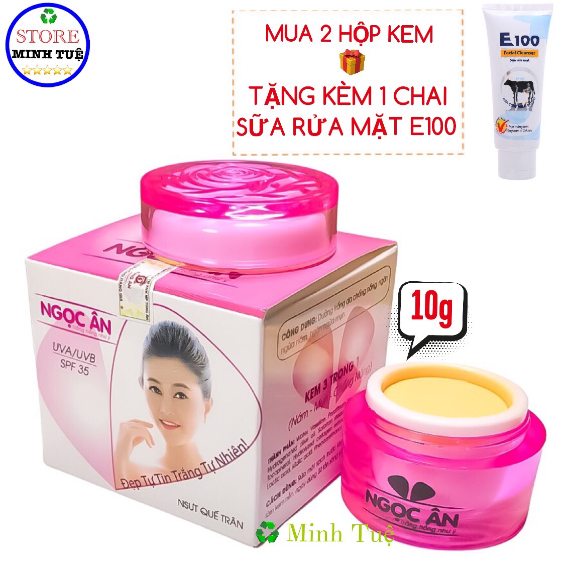( Mua 2 tặng 1 )- Kem nám Ngọc Ân, mụn, dưỡng trắng kết hợp 3 trong 1 (10g), mua 2 hộp kem tặng kèm 1 chai SRM E100.