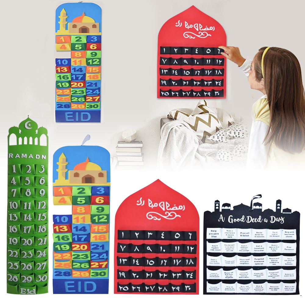 ✷♀ Eid Mubarak Advent Calendar 30days Hanging Felt Countdown ramadan decorations for Kids Gifts Ramadan Kareem EID Muslim Decor