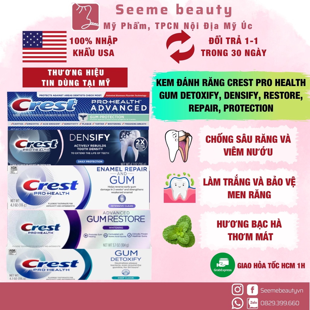 Kem Đánh Trắng Răng Crest Pro Health Gum Detoxify, Densify, Restore, Repair