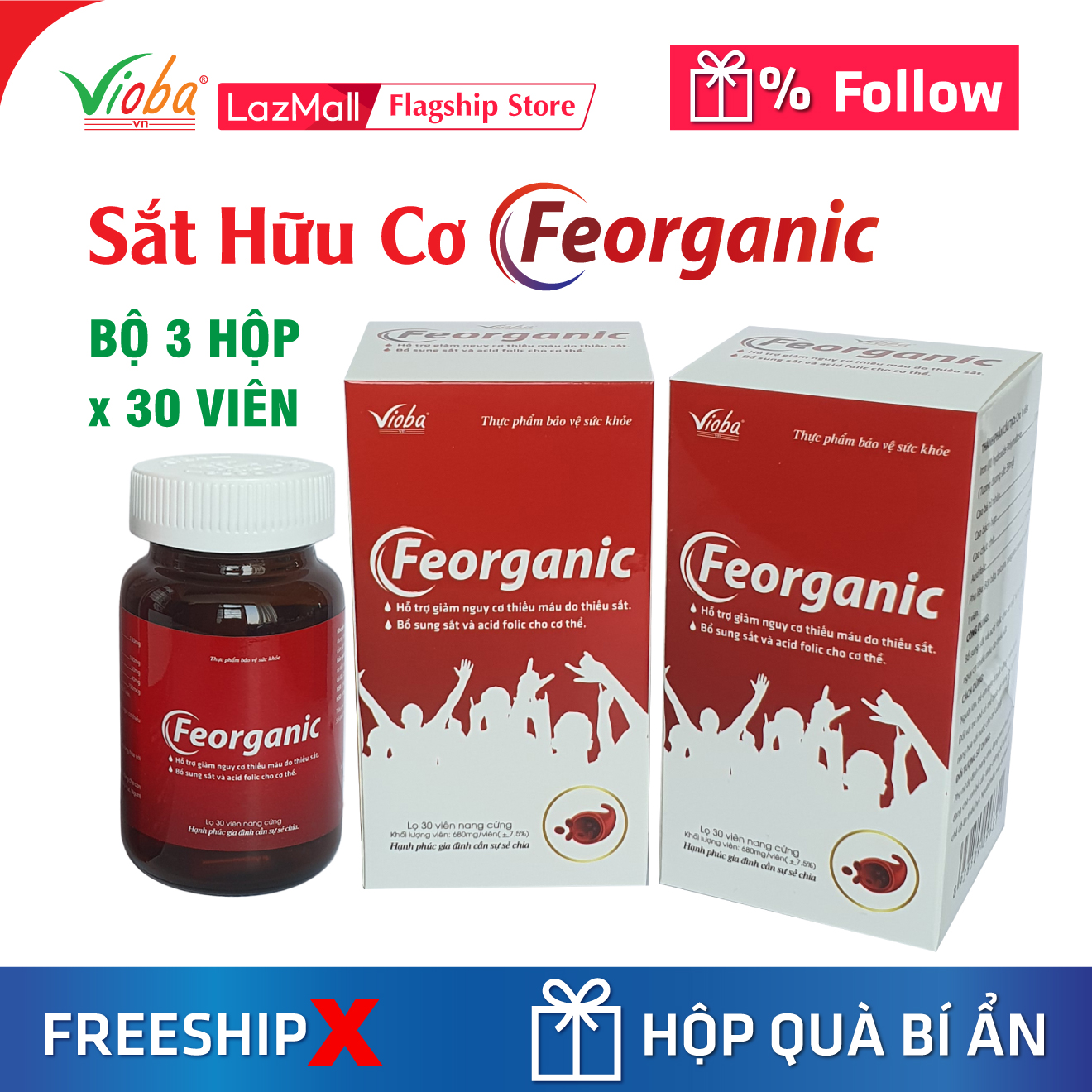[Combo 3Hộp] Sắt hữu cơ FEORGANIC - Hỗ trợ giảm nguy cơ thiếu máu do thiếu sắt, bổ sung sắt và acid folic cho cơ thể (Hộp 30 viên) - Vioba