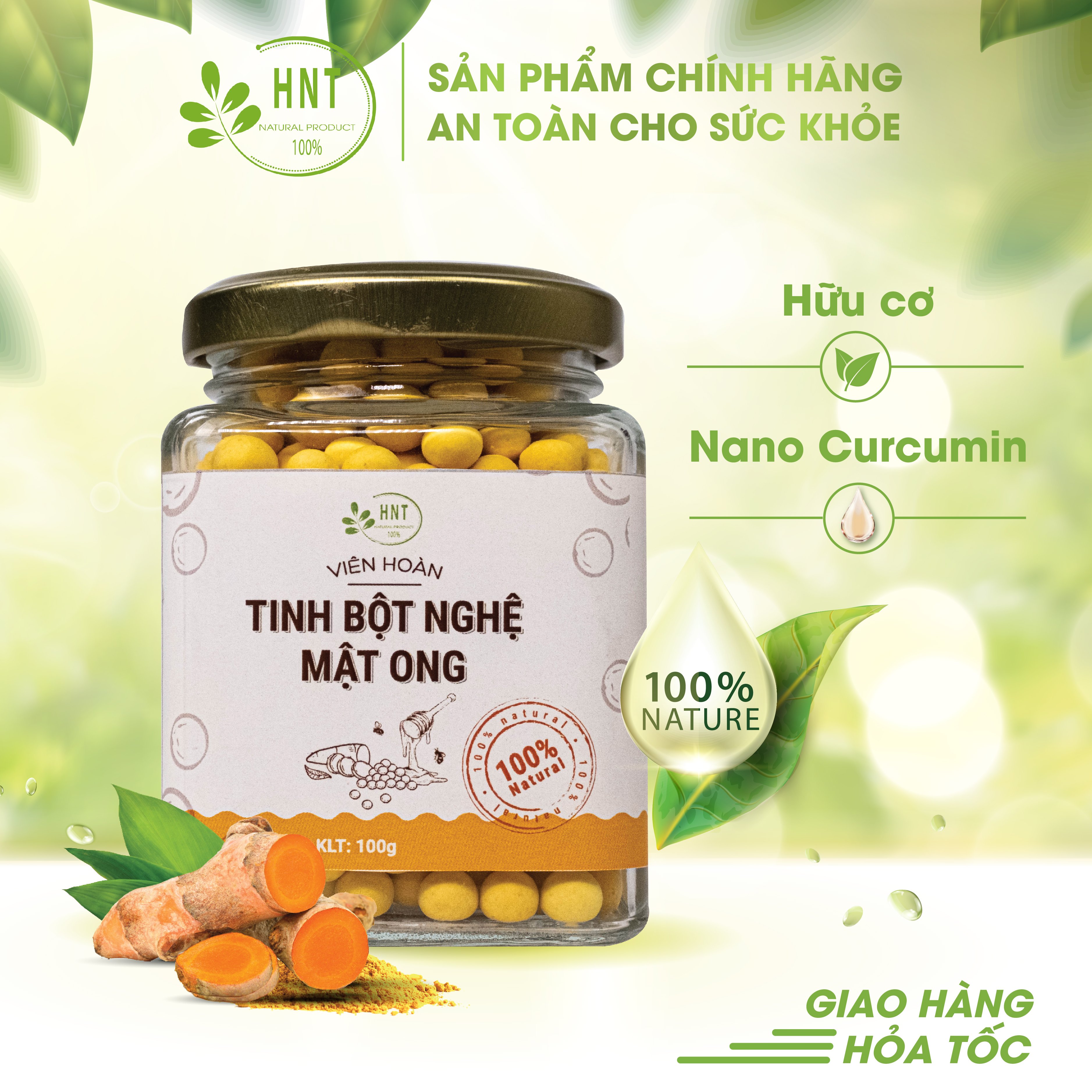 Tinh bột nghệ mật ong viên nguyên chất| tự nhiên, hữu cơ| tốt cho, dạ dày, phụ nữ sau sinh| HNT NATURAL PRODUCT VTBN120