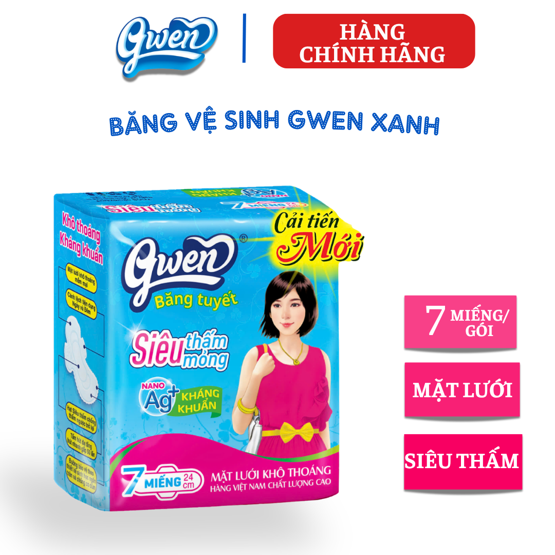 {Hàng chính hãng} Băng vệ sinh Gwen siêu thấm Xanh 7 miếng , BVS ban ngày 23cm, có cánh, MẶT LƯỚI khô thoáng, khử khuẩn, KHÔNG MÁT.