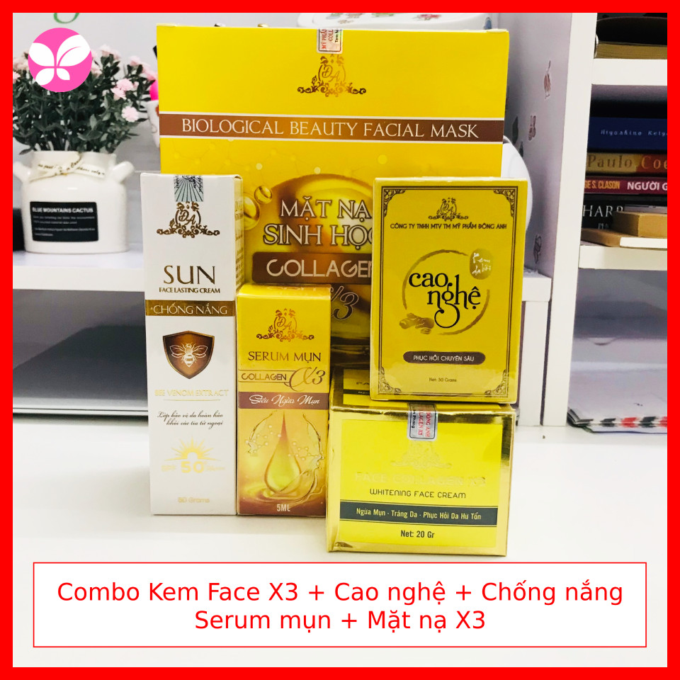 Combo Kem Face X3 + Cao nghệ + Chống nắng + Serum mụn + Mặt nạ Sinh học - Hàng chính hãng Đông Anh