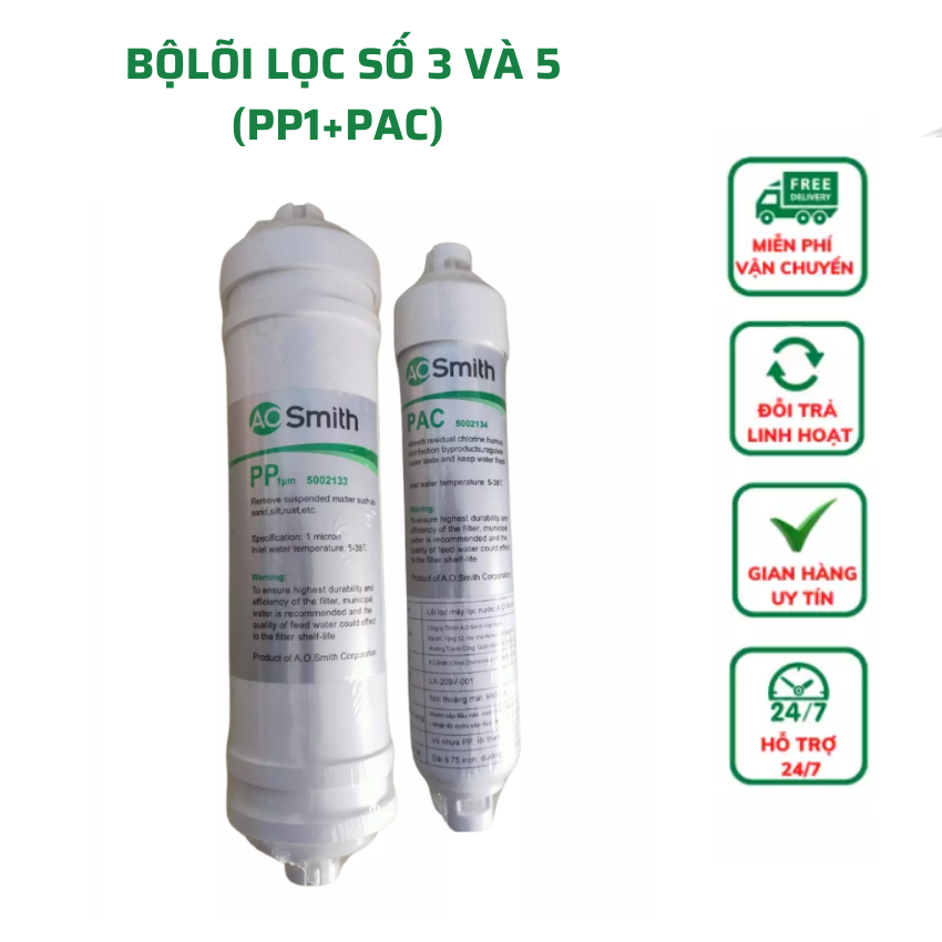  Bộ lõi lọc 3 và 5 PP1 ,PAC dành cho máy lọc nước A.O Smith bao gồm các loại máy M1,M2,A1,A2,1E,S2,G1,G2 HongDiemWater. 