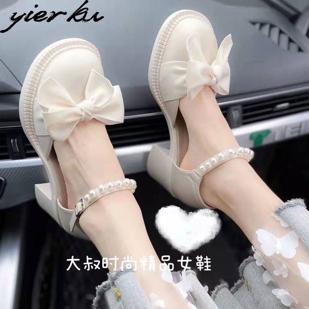 Yierku【Free Shipping Miễn phí vận chuyển】2022 kiểu dép pháp mới nữ giày thô gót ngọc trai nơ Mary Trân giày đơn