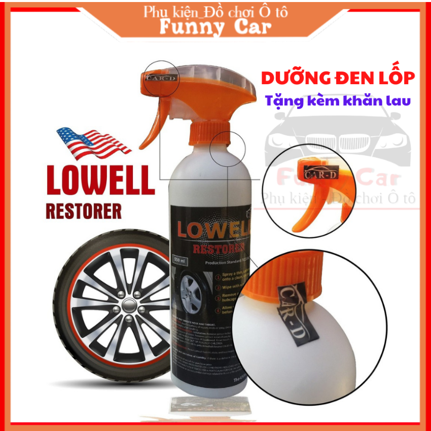 Dung dịch làm bóng lốp xe ô tô Lowell Restorer 550ml, Dung dịch dưỡng đen bề mặt lốp có tem niêm phong chính hãng. TẶNG KÈM KHĂN LAU