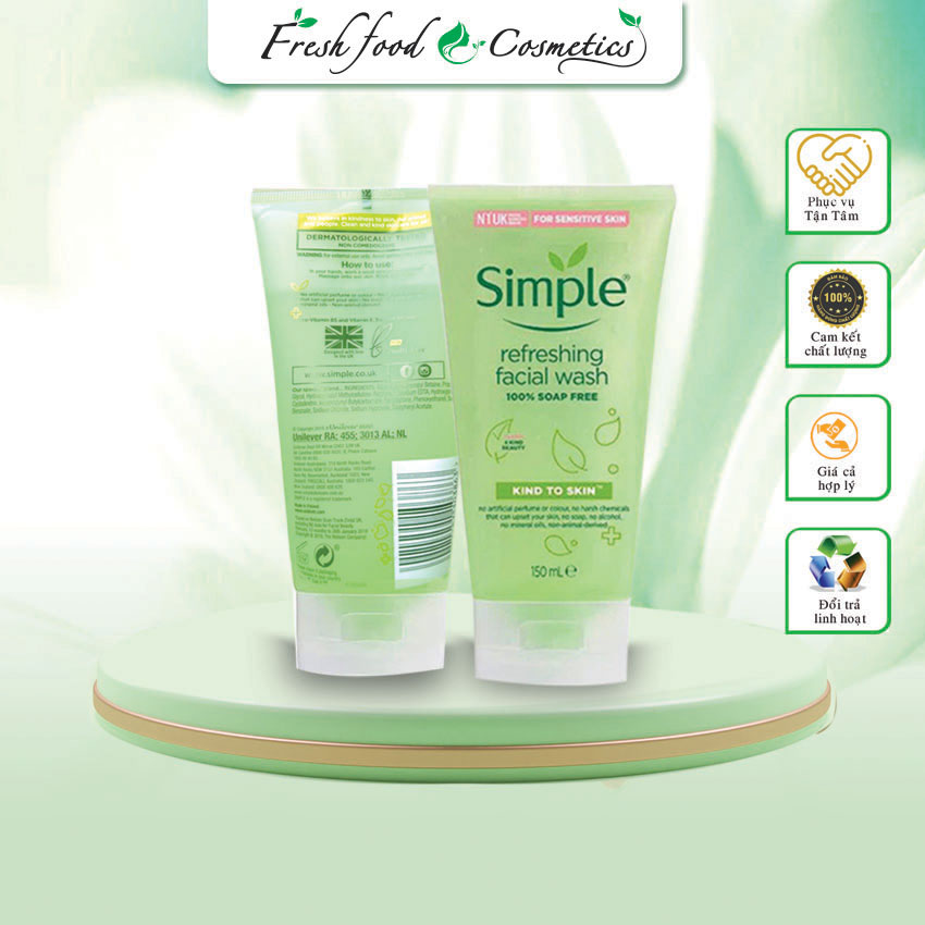 Gel Rửa Mặt Simple sạch  Dịu Nhẹ an toàn Cho Da Nhạy Cảm Kind To Skin Refreshing Facial Wash 150ml