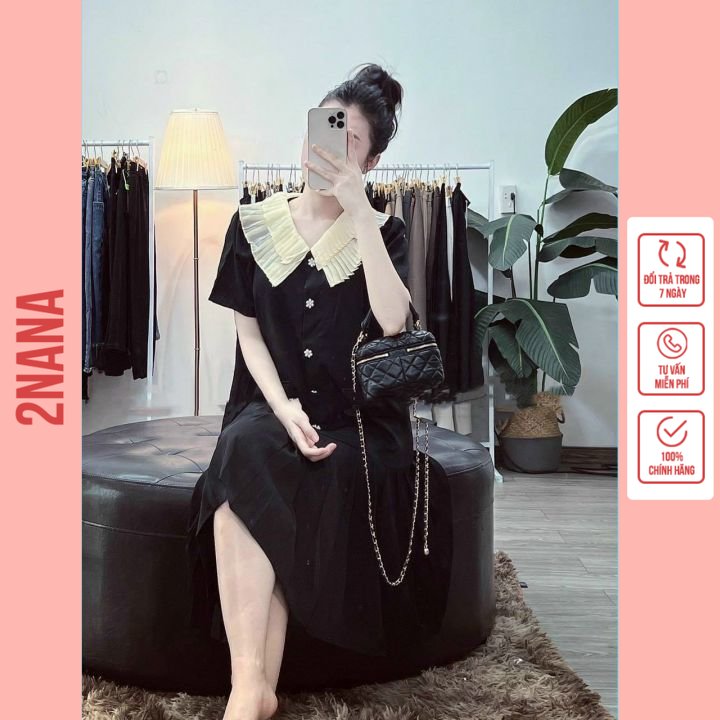 Váy bầu đầm bầu mùa hè cổ sen tay bồng công sở dáng suông chân xếp ly - bauxinh