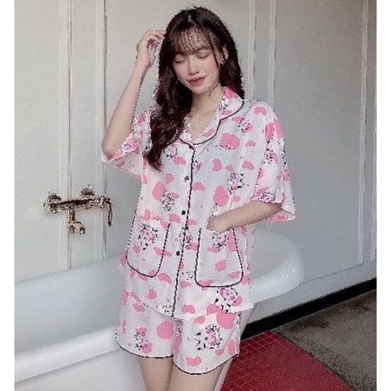 Bộ pyjama lụa thái quần đùi cánh dơi mẫu bò sữa siêu hot🎀giảm 10k đơn 200k