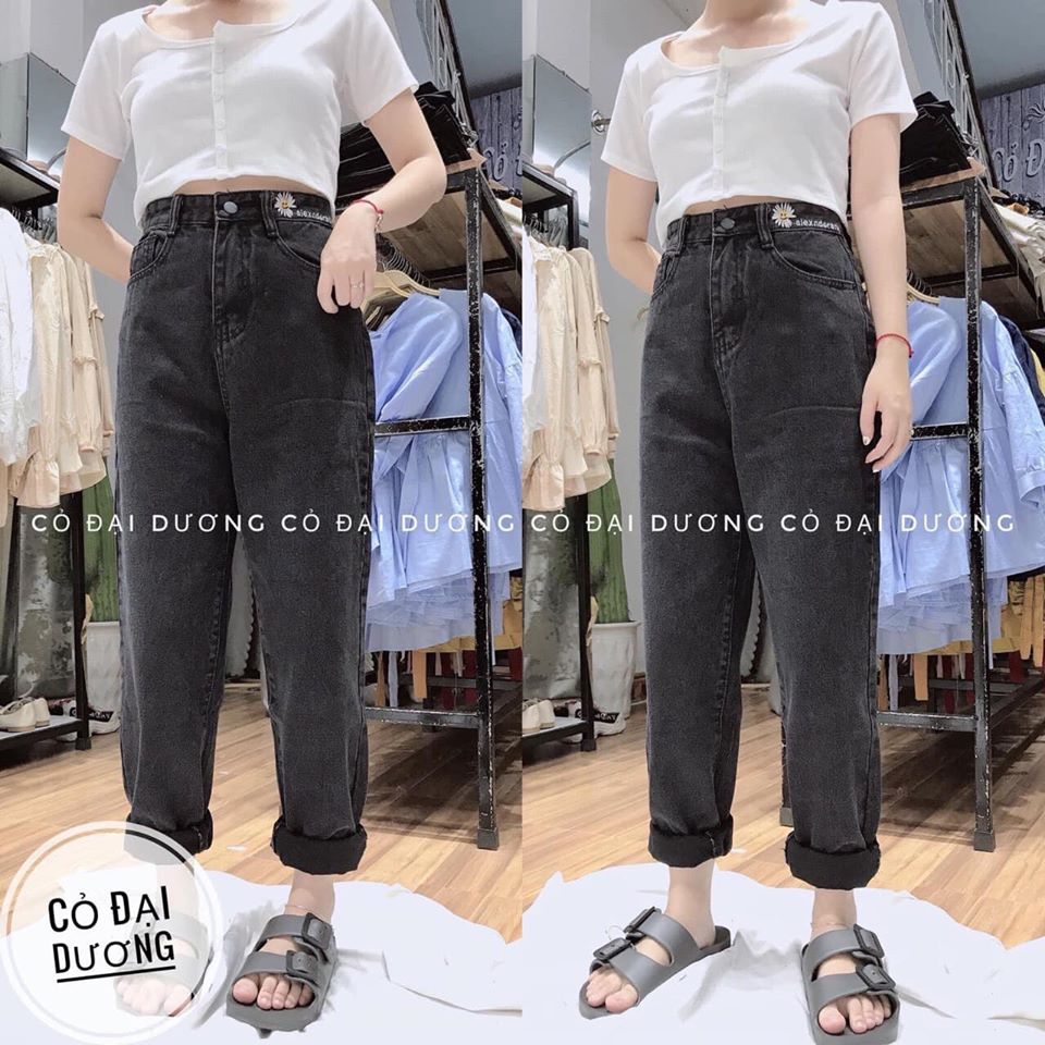 (RẺ VÔ ĐỊCH) QUẦN BAGGY JEAN NỮ THÊU HOA CÚC CẠP ĐAI THỜI TRANG CAO CẤP