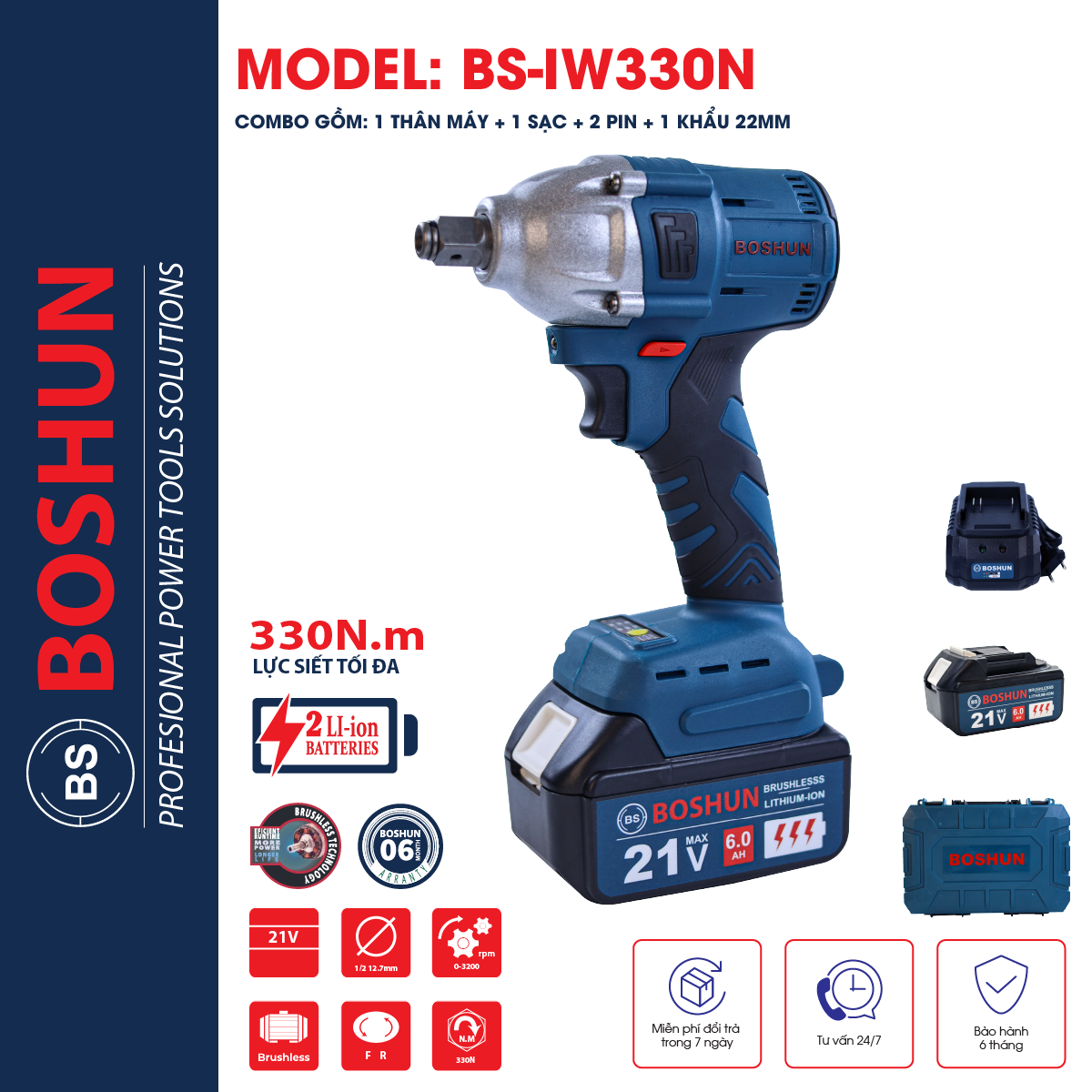 Máy Siết Bulong Boshun, Lực Siết 330N - Không Chổi Than, Pin Phổ Thông - Mở Ốc Ôtô Tải Dễ Dàng Bs-Iw330N