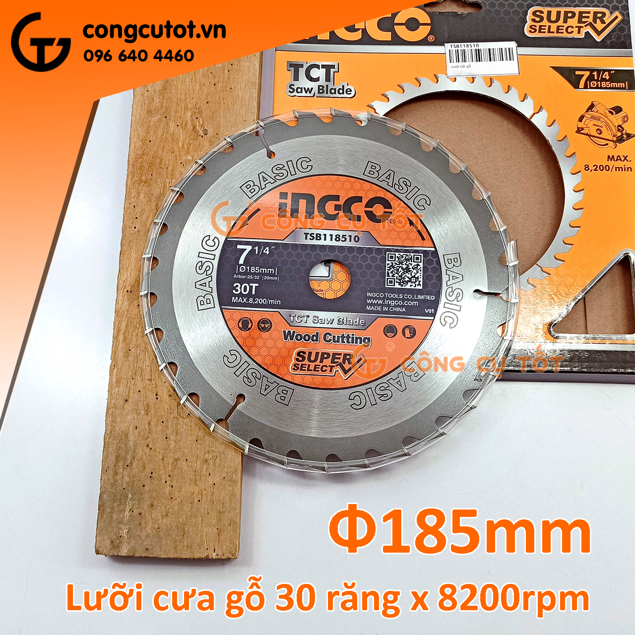 Lưỡi cưa gỗ ingco tsb118510 ø185mm 30 răng hợp kim tct 8200rpm