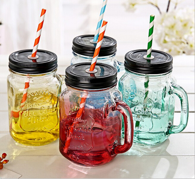 Ly quai thủy tinh - bộ 12 ly thủy tinh nhiều màu có quai đựng trà sữa 500ml tiện lợi, thời trang - nắp thiếc & ống hút