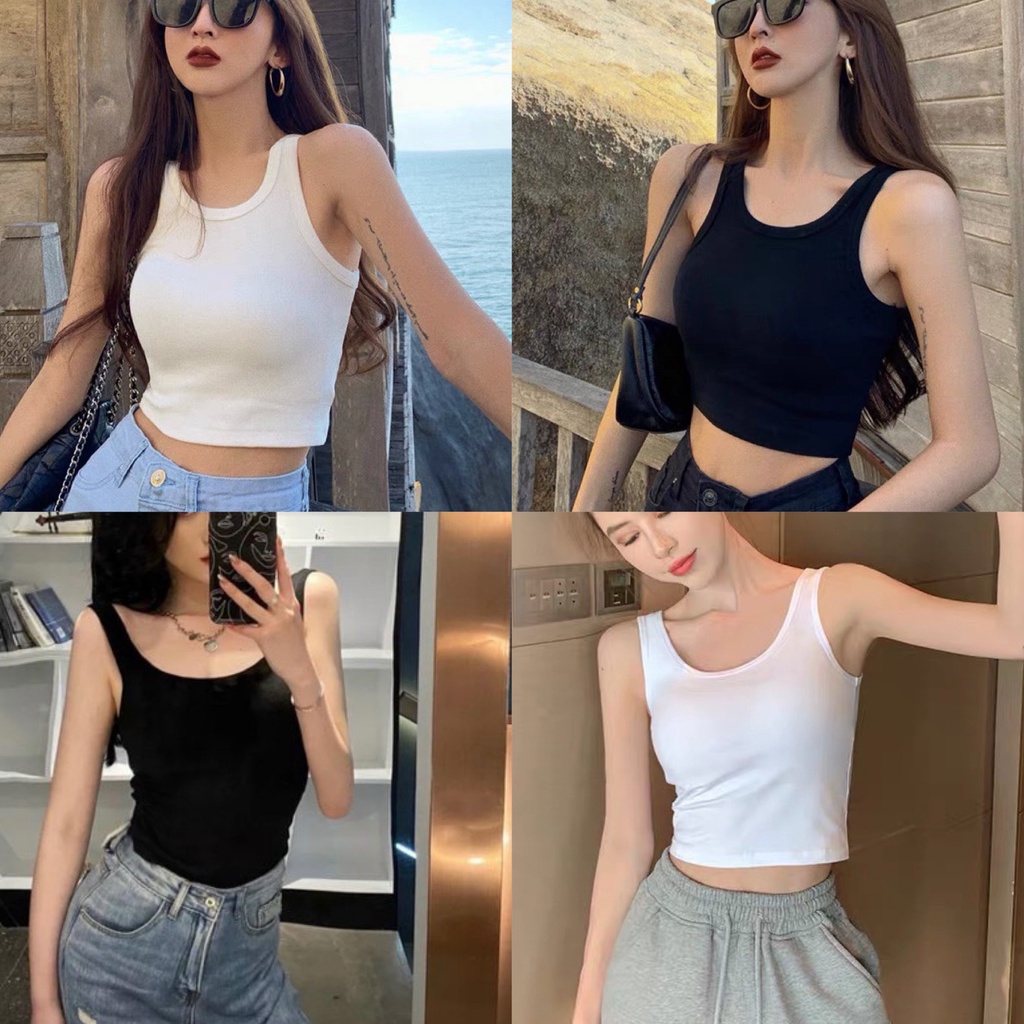 Áo ba lỗ sát nách nữ ôm body màu Đen Trắng - Áo croptop lửng sát nách nữ cổ tròn thun gân co dãn