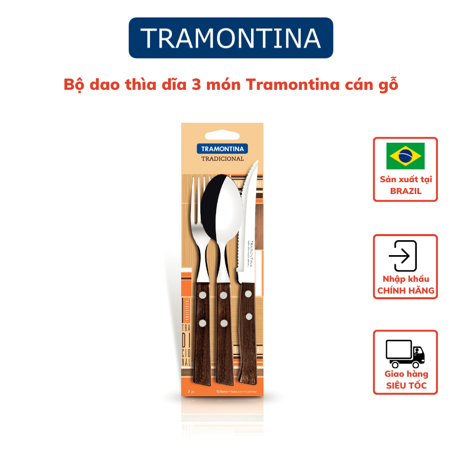 Bộ dao thìa dĩa tramontina 3 món lưỡi thép không gỉ cán gỗ đen tự nhiên nhập khẩu brazil.