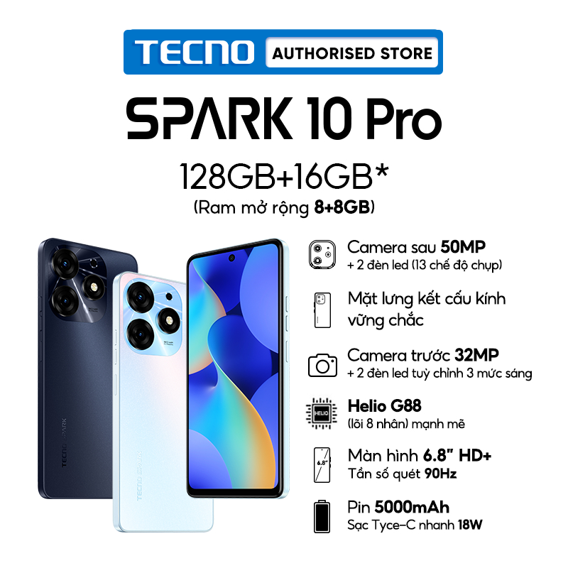 Điện thoại tecno spark 10 pro 8gb/128gb - helio g88 | 5000 mah | sạc nhanh 18w