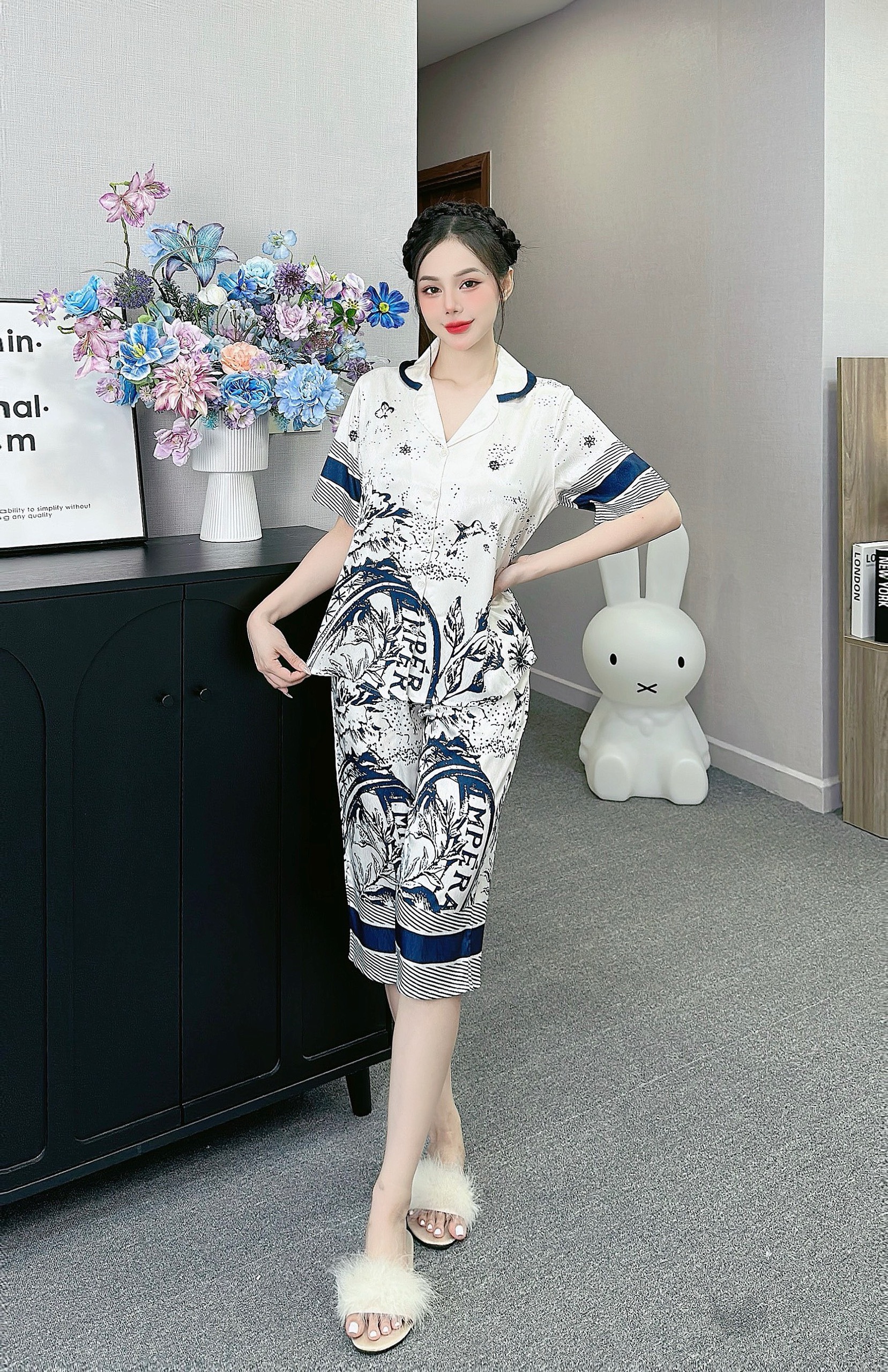 Đồ bộ lửng nữ pijama mặc nhà , đồ ngủ nữ lụa xước thiết kế vệt mpera cao cấp bigsize 40-75KG SP0312