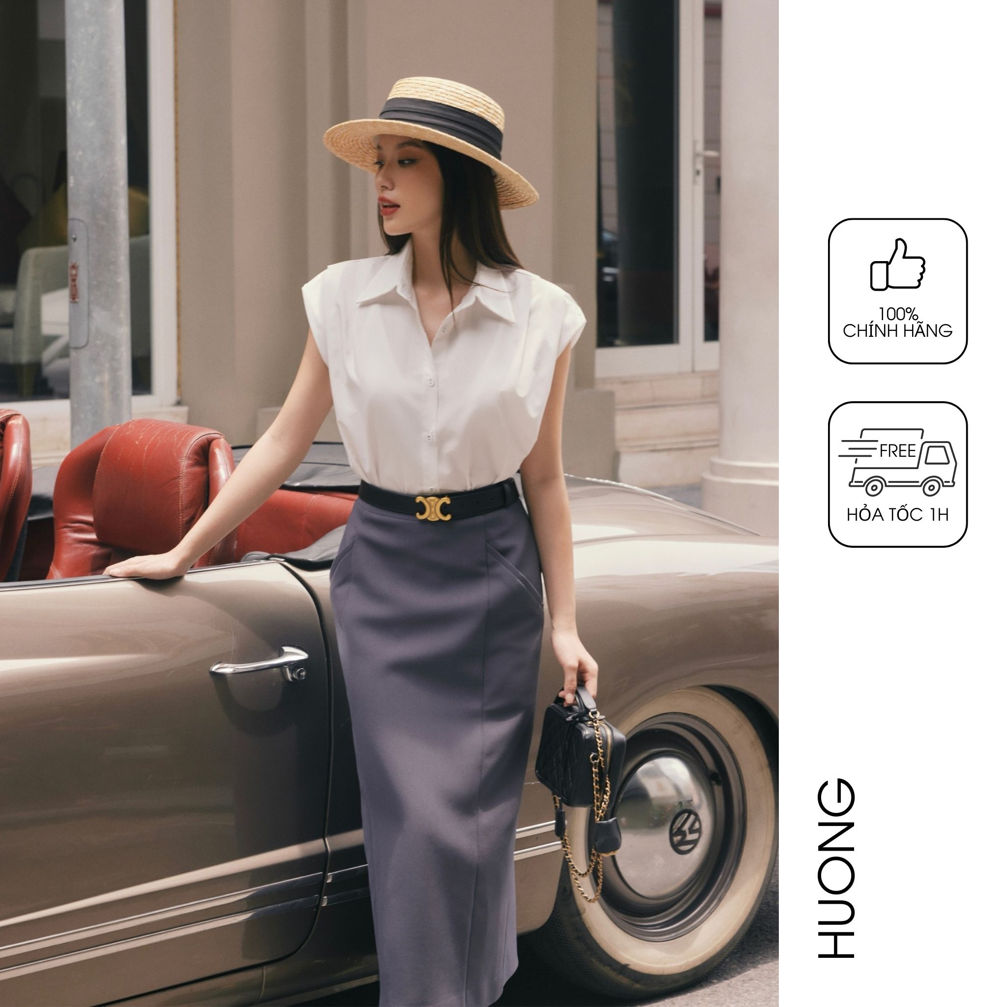  Áo sơ mi cotton trắng không tay xếp ly vai HUONG BOUTIQUE BSSM29 