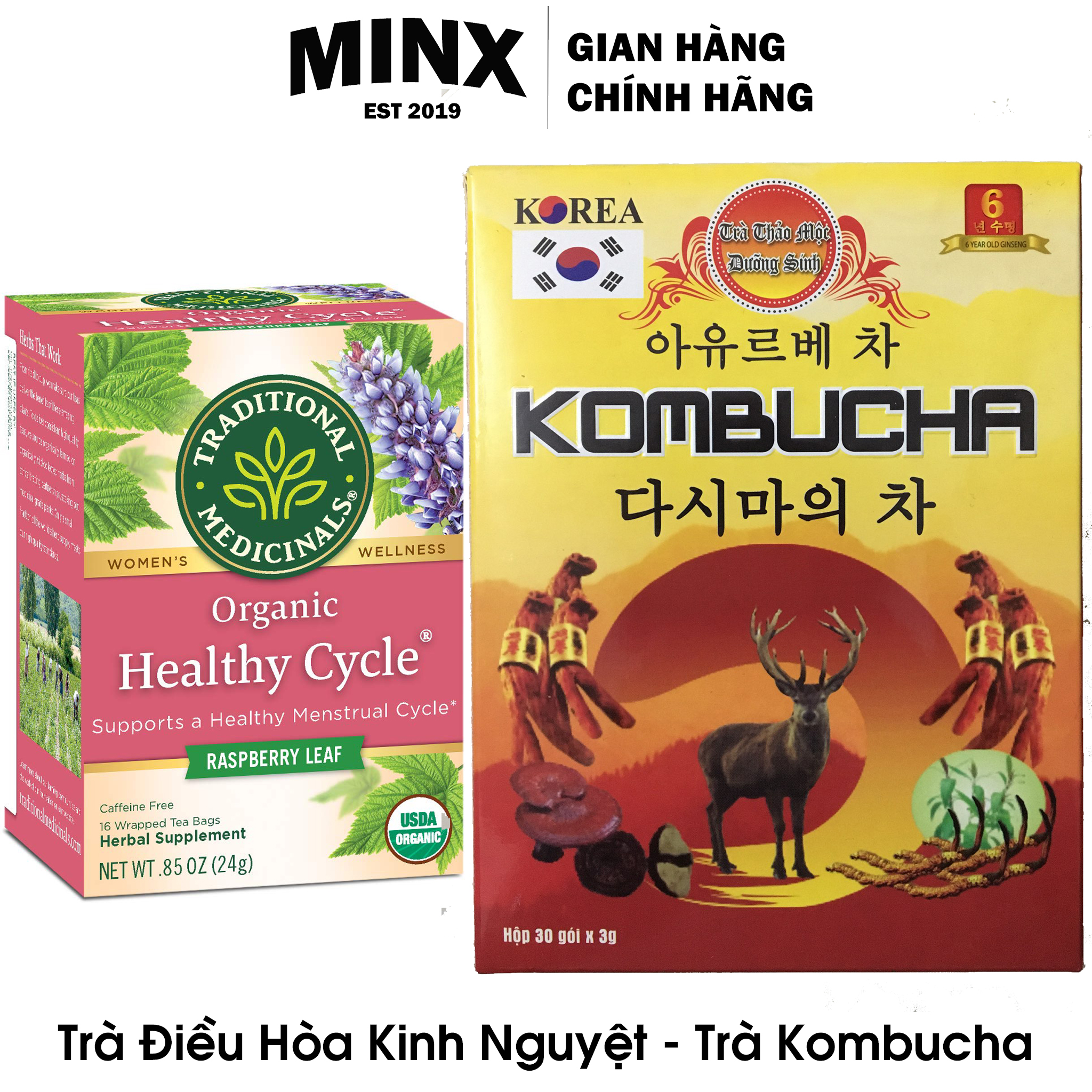 Combo Trà Dưỡng Sinh Kombucha (30 Gói / 1 Hộp) Kombucha Tea Bag và Trà Healthy Cycle Tea Điều Hòa Kinh Nguyệt (16 Gói Túi Lọc / 1 Hộp) - Điều Hòa Nội Tiết - giảm Mụn Trán - MINX Store